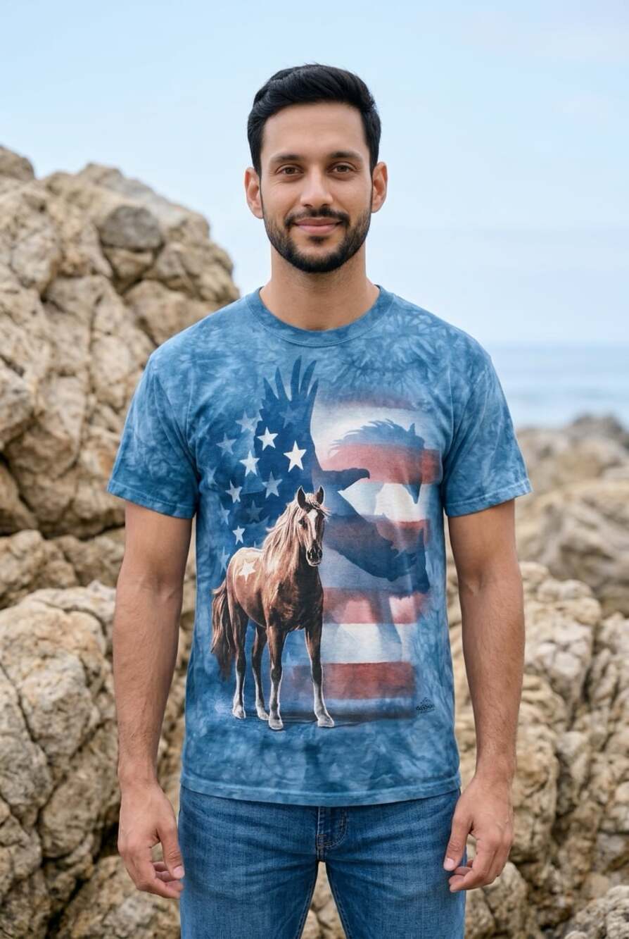 The Mountain American Flag Horse Eagle Tie Dye T-Shirt Size M
